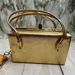 Chic Vintage Hollywood Glam Gold Clutch Dual Handles Kiss-lock Box Bag Handbag